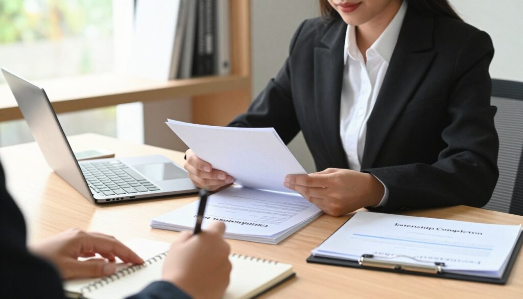 A professional young woman in business attire, sitting at a well-organized desk with a laptop open in front of her, reviewing documents related to her internship completion. In the foreground, a close-up of her hands holding a pen and scribbling notes on a notepad. In the middle, a stack of paperwork titled 'Internship Completion' and a printed certificate laying beside her. In the background, soft natural light filters through a window, illuminating a shelf with books on professional development, creating a warm, encouraging atmosphere. The image should convey a sense of achievement and dedication, capturing the moment of finalizing practical training for academic credit.