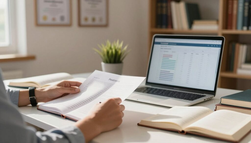 A serene educational setting featuring a clean, organized desk with open books, a notebook, and a laptop displaying data charts and matura exam results. In the foreground, a pair of hands in professional attire, such as a watch and a shirt sleeve rolled up, review the documents with focused attention. The middle ground shows a wall with framed certificates and a small plant to add a touch of life. In the background, a soft-focus bookshelf filled with textbooks creates a scholarly ambiance. The lighting is warm and inviting, with sunlight filtering in from a nearby window, casting gentle shadows that enhance the contemplative mood of studying and assessment. The overall atmosphere conveys diligence and aspiration in the educational journey.