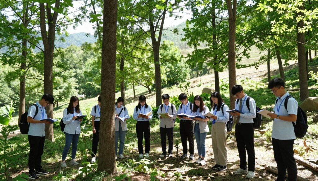 A serene forest landscape illustrating the specialty of forestry study. In the foreground, a group of diverse students in professional attire are engaged in a practical outdoor class, examining tree species and collecting samples with notebooks and equipment in hand. In the middle ground, lush green trees of various species surround them, with sunlight filtering through the leaves, casting dappled shadows on the forest floor. The background features a gentle slope leading to distant hills, creating a sense of depth. The atmosphere is calm and focused, suggesting an environment of learning and exploration. Bright, natural lighting enhances the vibrant colors of the foliage, while a slight upward angle captures the height of the trees and the enthusiasm of the students. A serene forest landscape illustrating the specialty of forestry study. In the foreground, a group of diverse students in professional attire are engaged in a practical outdoor class, examining tree species and collecting samples with notebooks and equipment in hand. In the middle ground, lush green trees of various species surround them, with sunlight filtering through the leaves, casting dappled shadows on the forest floor. The background features a gentle slope leading to distant hills, creating a sense of depth. The atmosphere is calm and focused, suggesting an environment of learning and exploration. Bright, natural lighting enhances the vibrant colors of the foliage, while a slight upward angle captures the height of the trees and the enthusiasm of the students.