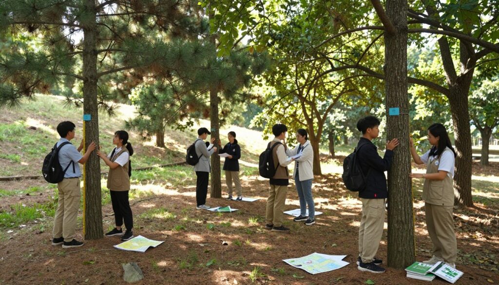 A serene forest scene depicting forestry studies, focusing on a diverse group of professionally dressed students engaging in practical learning outdoors. In the foreground, a clear view of students measuring tree height with tools, showcasing teamwork and application of knowledge. In the middle ground, a variety of trees, including pine and oak, surrounded by educational materials such as maps and plant identification books scattered on the ground. The background features a gently sloping hill with sunlight filtering through the leaves, casting dappled light onto the scene, creating a warm and inviting atmosphere. The angle should capture depth, emphasizing the connection between students and nature, while maintaining a focus on their academic pursuits in forestry. Use soft, natural lighting to enhance the peaceful ambiance of the setting. A serene forest scene depicting forestry studies, focusing on a diverse group of professionally dressed students engaging in practical learning outdoors. In the foreground, a clear view of students measuring tree height with tools, showcasing teamwork and application of knowledge. In the middle ground, a variety of trees, including pine and oak, surrounded by educational materials such as maps and plant identification books scattered on the ground. The background features a gently sloping hill with sunlight filtering through the leaves, casting dappled light onto the scene, creating a warm and inviting atmosphere. The angle should capture depth, emphasizing the connection between students and nature, while maintaining a focus on their academic pursuits in forestry. Use soft, natural lighting to enhance the peaceful ambiance of the setting.