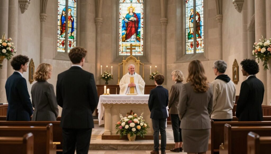 A serene interior of a parish church, depicting a modest altar adorned with candles and flowers. In the foreground, a group of diverse churchgoers in professional business attire, including men and women, standing together, symbolizing community support. In the middle ground, a friendly priest is engaging with a family, illustrating the connection between clergy and congregation. The background features stained glass windows filtering soft, warm light, creating a peaceful atmosphere. The scene conveys a sense of unity and spirituality, highlighting the importance of parishioners' contributions to the church. Soft shadows enhance the tranquil mood, with a focus on natural color palettes that evoke warmth and connection. The angle showcases the depth of the church interior, inviting viewers into the space.