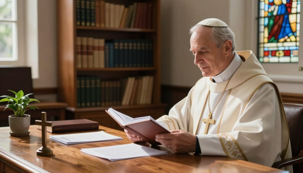 A serene office environment featuring a bishop seated at a polished wooden desk, organizing financial documents and discussing ecclesiastical finances. In the foreground, a well-dressed bishop in traditional attire, with a subtle aura of authority and compassion, holds a ledger open. The desk is adorned with a simple cross and a small plant, symbolizing growth and faith. In the middle, shelves filled with books on theology and finance create an intellectual backdrop. Soft, warm light filters through a window, casting gentle shadows that enhance the thoughtful mood. The background reveals a glimpse of stained glass windows, adding a touch of color and a spiritual atmosphere to the scene.