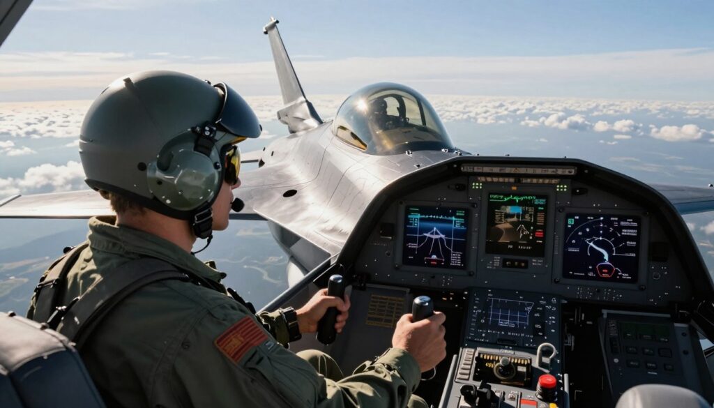 A skilled F-16 pilot in a modern fighter jet cockpit, wearing a standard flight suit and helmet, focused on flying. The cockpit is filled with advanced controls, screens displaying flight data, and HUD indicators. In the foreground, the pilot's hands grip the control stick, demonstrating precision and expertise. The middle ground reveals the sleek design of the F-16, with the sun casting dramatic lighting over the jet's contours, enhancing its aerodynamic profile. In the background, a cloud-streaked sky emphasizes the thrill of aerial combat and the power of flight. The atmosphere conveys professionalism, determination, and the intensity of a pilot's work environment, creating a captivating image that highlights the unique nature of pilot compensation for F-16 operators.