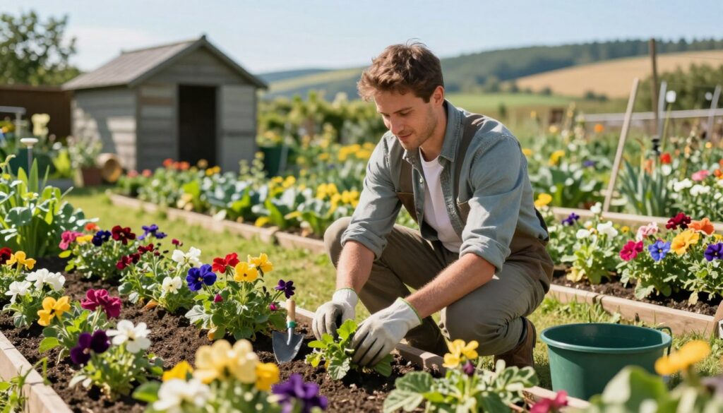 A skilled gardener in Poland, dressed in modest casual clothing, is kneeling in a vibrant flower bed surrounded by various colorful plants, showcasing his passion for horticulture. In the foreground, include a variety of blooming flowers, lush greenery, and gardening tools like a trowel and gloves. The middle ground features a well-maintained vegetable garden with rows of crops, conveying a sense of productivity and success. The background showcases a quaint garden shed and rolling hills under a clear blue sky, bathed in the warm light of a sunny day. The overall mood is cheerful and serene, reflecting the dedication and rewards of gardening. Use a slight depth of field to focus on the gardener while softly blurring the background.