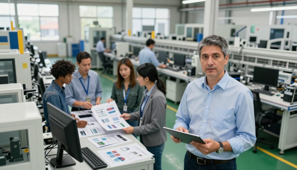 A skilled production manager stands confidently in a modern manufacturing facility, surrounded by machinery and assembly lines, representing key competencies like leadership, teamwork, and problem-solving. In the foreground, the manager, a middle-aged individual in professional attire, examines production reports on a tablet. In the middle ground, a diverse team is engaged in discussions over product designs and efficiency improvements. The background showcases high-tech equipment and workers diligently at their stations. Soft, natural lighting streams through large windows, creating an atmosphere of innovation and collaboration. Use a wide-angle lens angle to capture the expansive workspace, emphasizing the dynamic environment and focus on teamwork. The overall mood is energetic and professional, symbolizing the essential skills and experience required for a production manager.