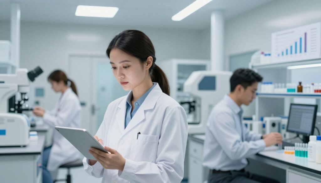 A split scene illustrating the differences in salaries for laboratory diagnosticians in a hospital versus a private laboratory. In the foreground, a professional woman in a lab coat examines test results on a digital tablet, bright fluorescent lighting illuminating her focused expression. To the left, a modern hospital setting with medical equipment and a busy atmosphere, highlighting teamwork among medical staff. To the right, a sleek, private laboratory with advanced technology and a calm ambiance, where a man in a smart shirt analyzes samples. The background features graphs and charts subtly indicating salary differences, creating a visual contrast between the two environments. The overall mood is informative, with a clean and professional look, emphasizing the importance of the subject. High-resolution, shot with a shallow depth of field to focus on the subjects.