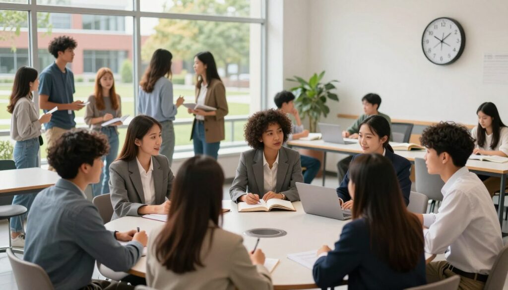 A split scene illustrating the key differences in academic organization between full-time and part-time study. In the foreground, a diverse group of students of different ethnicities, dressed in professional attire, engaged in discussions at a round table in a bright, modern classroom. In the middle ground, two contrasting environments: on one side, a vibrant campus filled with students socializing and studying outdoors; on the other side, a cozy study space with open books, laptops, and a clock showing a flexible schedule. The background features a large window showcasing a sunny day, symbolizing opportunity and growth. Soft, natural lighting enhances the welcoming atmosphere, while a slight depth of field focuses on the students, creating an engaging and dynamic composition.