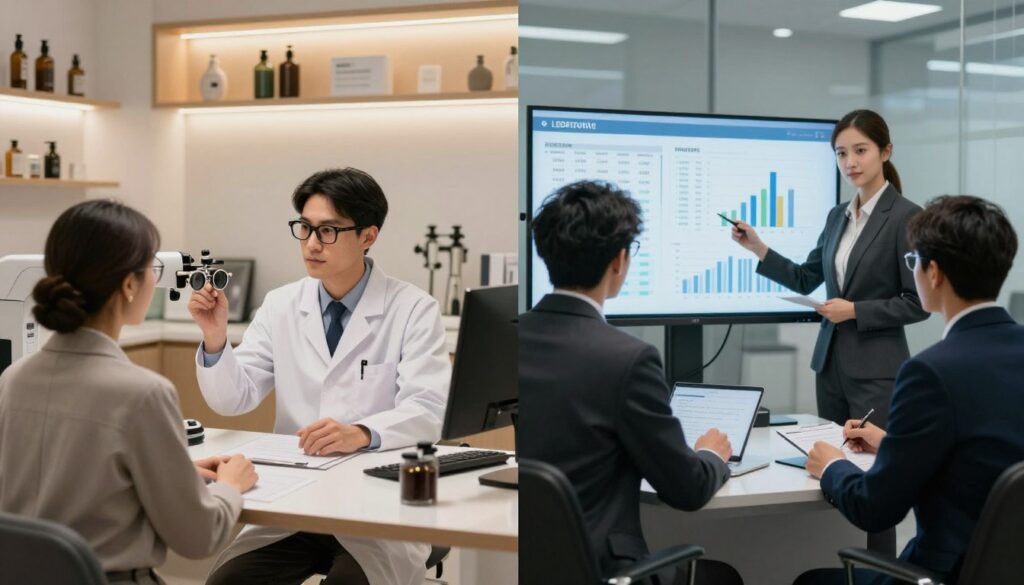 A split-scene image illustrating the differences in salaries between the private and corporate sectors. In the foreground, on the left side, depict an optometrist in a modern, stylish private practice, wearing professional attire, engaged in a consultation with a patient, surrounded by high-quality equipment and a sleek, inviting atmosphere. On the right side, showcase a corporate office environment with a group of business professionals in formal attire, analyzing charts and graphs on a screen displaying salary statistics, symbolizing the corporate sector. The background features contrasting settings: warm, personalized lighting in the private practice and a cooler, more sterile ambiance in the corporate office. The overall mood is informative and professional, emphasizing the financial disparity between the two sectors.