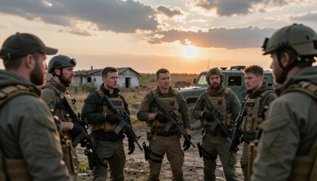 A tense battlefield scene depicting mercenaries preparing for an operation amidst the Ukrainian landscape. In the foreground, a diverse group of mercenaries, dressed in tactical gear and professional attire, is shown discussing strategies, their expressions reflecting concentration and resolve. The middle ground features dilapidated buildings and military vehicles, illustrating the harsh environment and challenges they face. The background reveals a dramatic sky illuminated by the setting sun, casting long shadows and creating an atmosphere of uncertainty and danger. The use of dramatic lighting highlights the intensity of the moment, while a shallow depth of field focuses attention on the mercenaries while softly blurring the surroundings, evoking a sense of urgency and psychological strain.