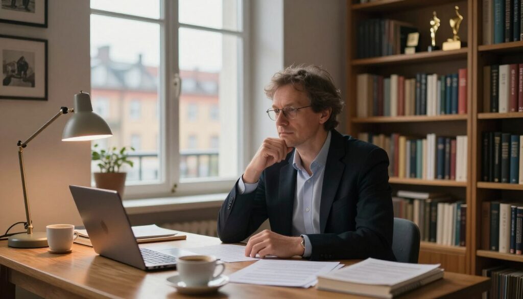 A thoughtful Polish writer in a cozy, well-lit study, surrounded by bookshelves filled with literature and awards. The writer, a middle-aged man in professional business attire, is seated at a wooden desk covered with papers, a laptop, and coffee cups. Soft, warm lighting from a desk lamp casts a gentle glow across the room, creating an inviting atmosphere. In the background, a large window reveals a view of a tranquil cityscape, hinting at a vibrant cultural life. The overall mood is contemplative and focused, reflecting the serious yet rewarding nature of a writer's journey. The composition aims for a slight depth of field, emphasizing the writer while softly blurring the bookshelf and the window view. A thoughtful Polish writer in a cozy, well-lit study, surrounded by bookshelves filled with literature and awards. The writer, a middle-aged man in professional business attire, is seated at a wooden desk covered with papers, a laptop, and coffee cups. Soft, warm lighting from a desk lamp casts a gentle glow across the room, creating an inviting atmosphere. In the background, a large window reveals a view of a tranquil cityscape, hinting at a vibrant cultural life. The overall mood is contemplative and focused, reflecting the serious yet rewarding nature of a writer's journey. The composition aims for a slight depth of field, emphasizing the writer while softly blurring the bookshelf and the window view.