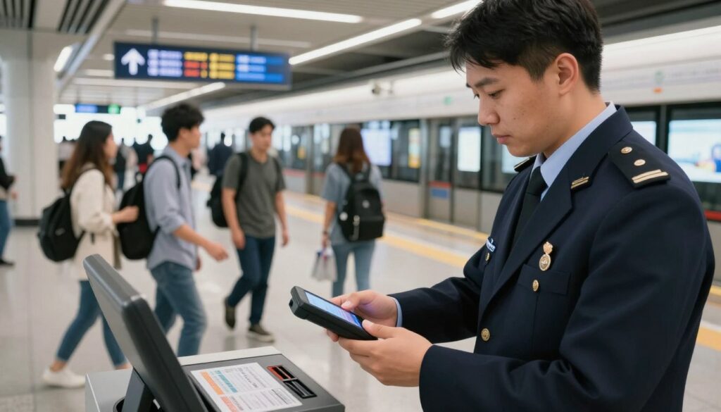 A ticket inspector in a modern public transport setting, confidently scanning tickets using a handheld device. In the foreground, the inspector, a person in professional business attire, stands with a focused expression. In the middle ground, commuters pass by, some engaging with the inspector, evoking a sense of interaction and responsibility. The background features a bustling station platform, with signs and train schedules visible, emphasizing the daily environment of a ticket controller. The scene is bathed in soft, natural lighting, capturing the lively atmosphere of the station. The angle is slightly elevated, providing a clear view of the interactions, and the mood conveys a sense of diligence and professionalism in the ticketing process. A ticket inspector in a modern public transport setting, confidently scanning tickets using a handheld device. In the foreground, the inspector, a person in professional business attire, stands with a focused expression. In the middle ground, commuters pass by, some engaging with the inspector, evoking a sense of interaction and responsibility. The background features a bustling station platform, with signs and train schedules visible, emphasizing the daily environment of a ticket controller. The scene is bathed in soft, natural lighting, capturing the lively atmosphere of the station. The angle is slightly elevated, providing a clear view of the interactions, and the mood conveys a sense of diligence and professionalism in the ticketing process.