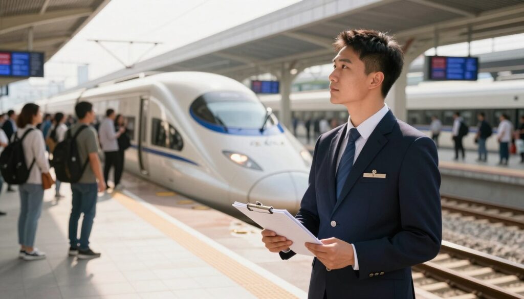 A train manager in a smart, professional uniform, standing confidently on a busy railway platform, overseeing the arrival and departure of trains. In the foreground, the manager is holding a clipboard and checking schedules, exuding a sense of authority and responsibility. The middle ground features a high-speed train, gleaming under bright sunlight, with passengers eagerly boarding. In the background, a bustling train station, with modern architectural elements, displays digital information boards. The scene is bathed in warm natural lighting, creating an optimistic atmosphere. The angle captures a dynamic perspective, emphasizing both the train and the manager’s role in ensuring a smooth operation. The overall mood is focused and diligent, portraying the critical nature of the train manager's responsibilities.