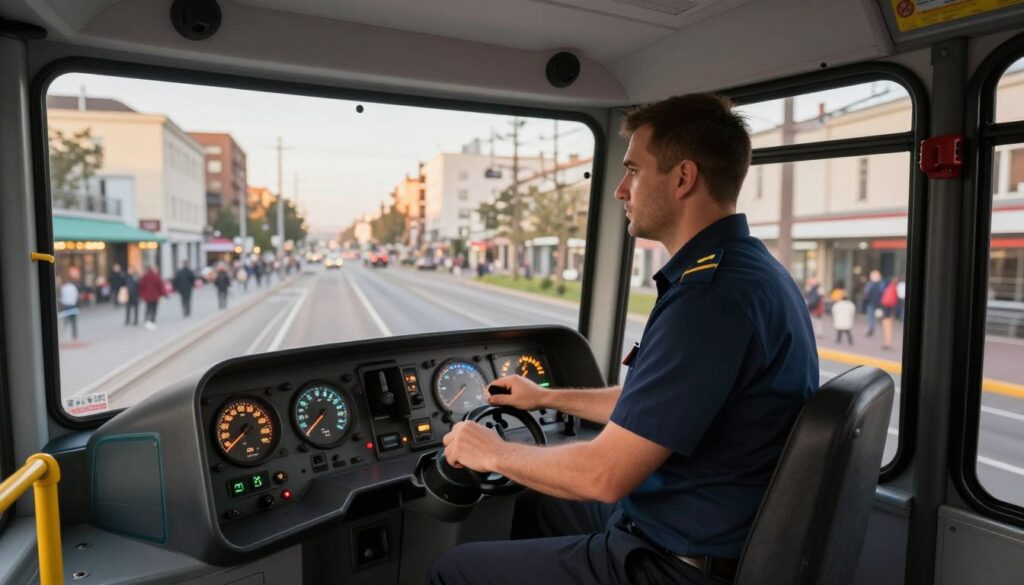 A tram driver in a professional uniform, focused and responsible, standing in the front cabin of a modern tram. The foreground showcases the driver at the controls, hands on the throttle and brake, with a determined expression. The middle ground features the tram’s dashboard filled with various instruments, glowing gauges, and a large windshield revealing a bustling city scene outside. In the background, urban architecture including buildings and street scenes pass by as the tram moves. The scene is illuminated by soft, warm lighting, capturing the early morning or late afternoon ambiance. Use a wide-angle lens to emphasize the spacious interior of the tram, creating a sense of motion and professionalism. The atmosphere is busy yet organized, reflecting the dynamic responsibilities of a tram driver.