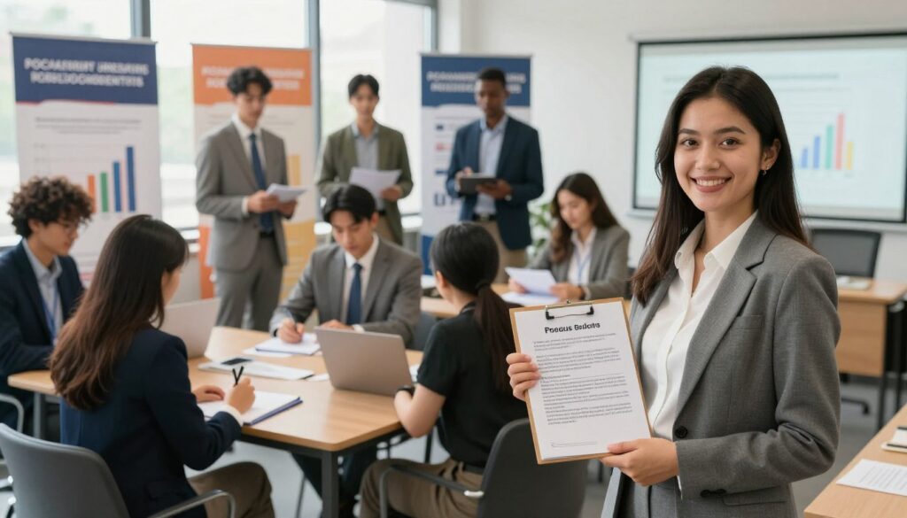 A vibrant and engaging scene depicting a diverse group of university candidates presenting their additional achievements during a recruitment event. In the foreground, a young woman in professional attire holds a portfolio showcasing her accomplishments, with a confident smile. The middle ground features a diverse panel of recruiters attentively engaging with candidates, taking notes, and discussing achievements. The background includes a well-decorated conference room with banners highlighting success stories and graphs indicating academic performance. Bright, natural lighting streams through large windows, creating an inviting atmosphere. The angle captures the interaction between candidates and recruiters, emphasizing the importance of additional achievements in the recruitment process. The overall mood is optimistic and professional, symbolizing the aspirations of students in higher education.
