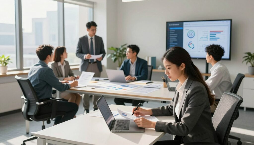 A vibrant and modern public administration office scene showcasing a diverse group of professionals engaged in collaborative work. In the foreground, a focused woman in business attire is analyzing documents at a sleek desk, while a man beside her is discussing strategies on a laptop. In the middle ground, a mixed-gender group of people are seated around a large conference table, brainstorming ideas with charts and digital screens displayed. The background features a large window with city views, natural light flooding the space, creating an atmosphere of productivity and teamwork. Soft shadows enhance the professionalism of the environment, with a warm color palette that suggests optimism and opportunity in public service careers. A vibrant and modern public administration office scene showcasing a diverse group of professionals engaged in collaborative work. In the foreground, a focused woman in business attire is analyzing documents at a sleek desk, while a man beside her is discussing strategies on a laptop. In the middle ground, a mixed-gender group of people are seated around a large conference table, brainstorming ideas with charts and digital screens displayed. The background features a large window with city views, natural light flooding the space, creating an atmosphere of productivity and teamwork. Soft shadows enhance the professionalism of the environment, with a warm color palette that suggests optimism and opportunity in public service careers.