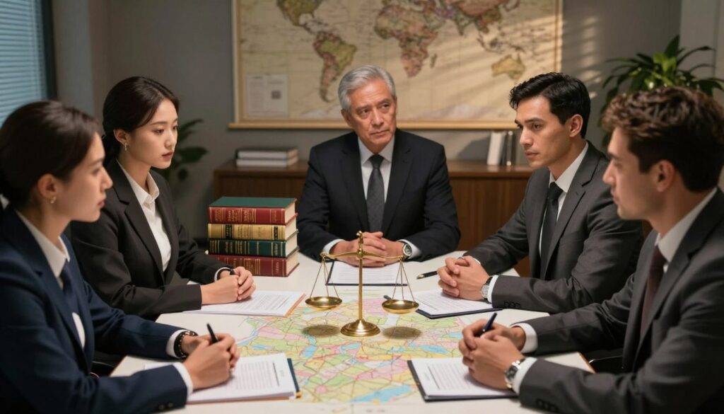 A visually compelling image illustrating the concept of the legal status of mercenaries under international law. In the foreground, a diverse group of professional individuals in business attire, consisting of men and women of various ethnicities, are engaged in a serious discussion around a table, featuring legal documents and maps. In the middle ground, stacks of international law books and a scale of justice symbolize the complexity of legal matters. The background shows a dimly lit office with a world map on the wall, casting soft shadows that suggest a sense of urgency and importance. The overall atmosphere is intense and intellectual, illuminated by warm, focused lighting that draws attention to the participants' engaged expressions. The angle is slightly elevated, providing a clear view of the discussions taking place.