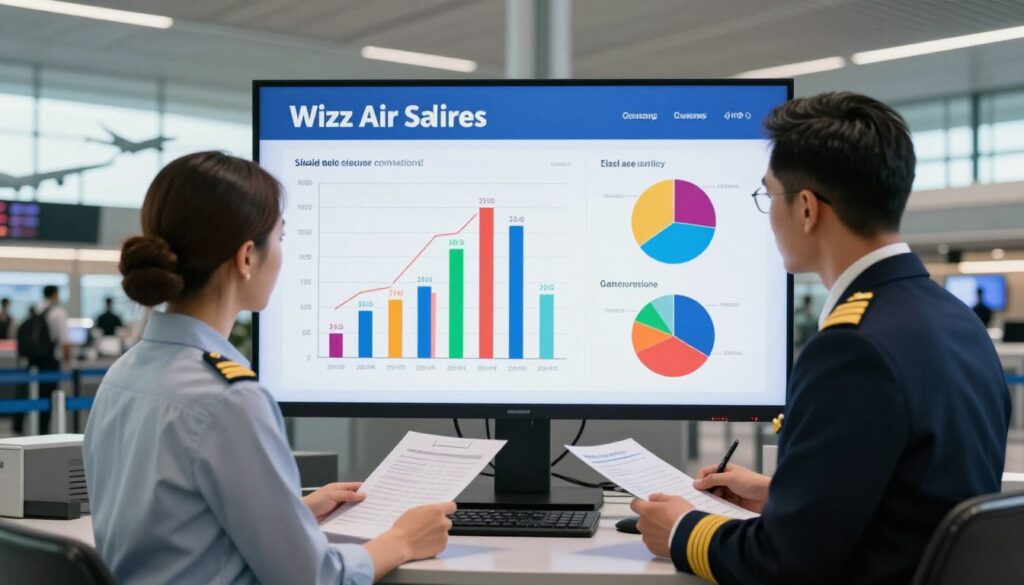 A visually engaging comparison of pilot salaries, showcasing a professional setting in the foreground with two pilots in smart business attire discussing salary charts and graphs. The middle ground features a large screen display illustrating salary comparisons between Wizz Air and other airlines, presenting clear and colorful bar graphs and pie charts. In the background, an airport terminal can be seen, with airplane silhouettes and busy check-in counters, creating a bustling travel atmosphere. The lighting is bright and inviting, emphasizing the data on display while casting soft shadows to add depth. The mood is informative and professional, capturing the essence of a serious discussion about airline pilot compensation.