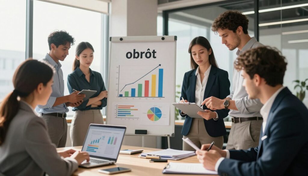 A visually engaging office scene showcasing the concept of "obrót" in business. In the foreground, a diverse group of professionals in business attire, including a woman analyzing financial charts on a laptop and a man discussing figures on a clipboard. In the middle ground, a whiteboard filled with colorful graphs and figures illustrating revenue flow. The background depicts a modern office with large windows allowing natural light to flood in, casting soft shadows. The atmosphere is focused and dynamic, conveying a sense of determination and collaboration. The overall color palette is warm, with hints of blue and green, enhancing the professional yet inviting mood.