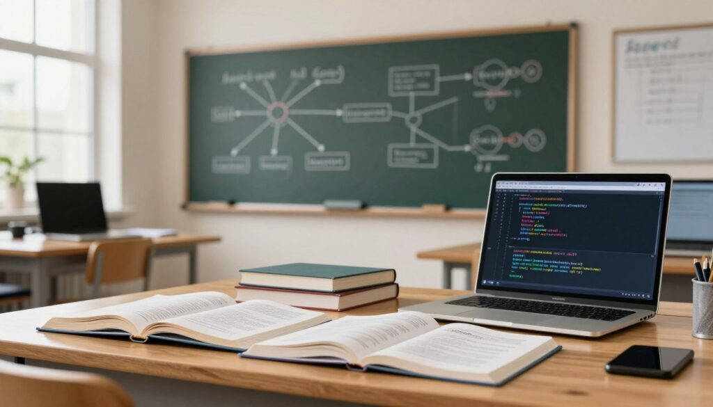 A visually striking arrangement of key computer science subjects displayed in a modern classroom setting. In the foreground, a sleek wooden desk is covered with open textbooks on algorithms, data structures, and mathematics, along with a laptop displaying code. In the middle, a chalkboard creatively illustrates diagrams of neural networks and flowcharts. The background features windows letting in natural light, enhancing the learning environment. The atmosphere is vibrant yet focused, capturing a sense of academic rigor. The colors are warm and inviting, with a slight blur to the background for depth. Overall, the scene embodies the essence of studying computer science.