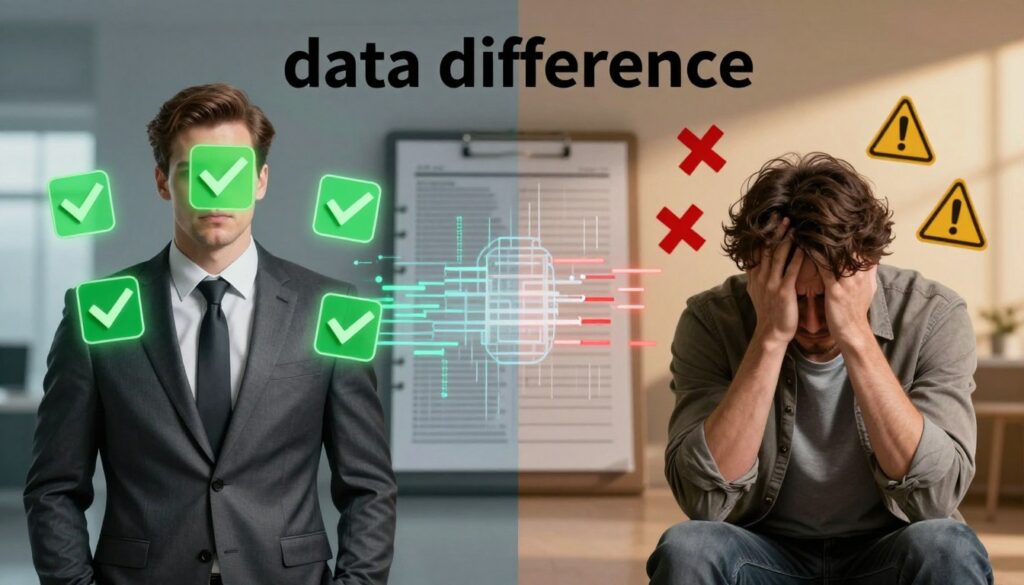 A visually striking composition illustrating the concept of "data difference" within the context of positive and negative credit records. In the foreground, a split image showing two contrasting scenarios: on the left, a polished businessman in a tailored suit, surrounded by floating green checkmarks symbolizing positive data, conveying trust and reliability. On the right, a distressed individual in casual attire, with red crosses and warning signs representing negative data, illustrating potential risks. The middle ground features an abstract stylized representation of a ledger or database, with digital elements cascading between the two scenarios, creating a dynamic contrast. The background is softly blurred to enhance focus, lit with cool tones for the positive side and warm tones for the negative side, evoking an atmosphere of tension and resolution.