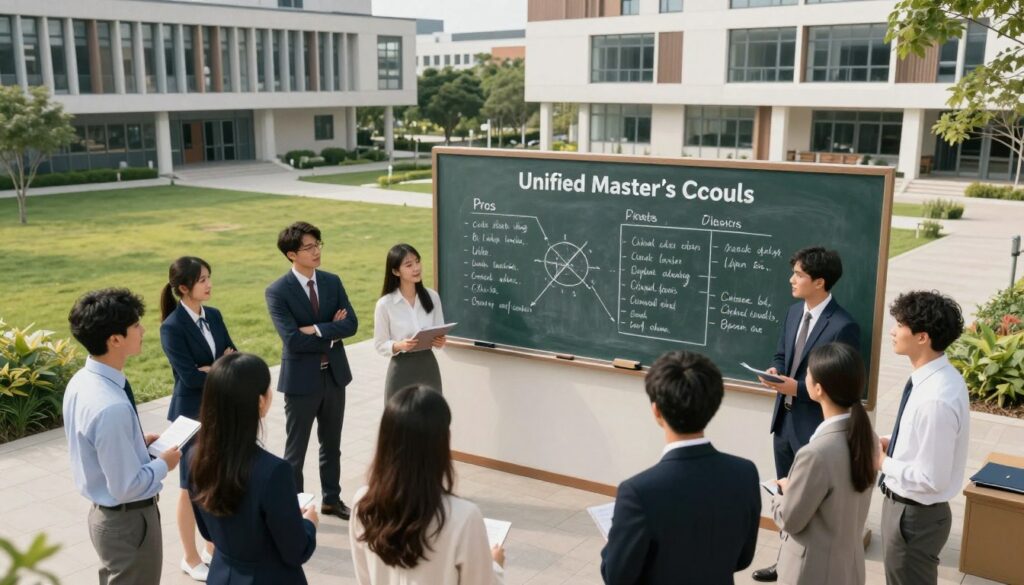A visually striking image depicting the advantages and challenges of unified master's studies. In the foreground, a diverse group of students in professional attire engage in a dynamic discussion, showcasing collaboration and teamwork. In the middle ground, a large chalkboard filled with diagrams and lists representing pros and cons, symbolizing academic rigor and decision-making. In the background, a modern university campus with an inviting atmosphere, featuring contemporary architecture and greenery. The scene is illuminated by soft, natural lighting, creating an inspirational and hopeful mood, suggesting growth and discovery in education. Capture this scene with a slight aerial view to emphasize interaction and the learning environment.