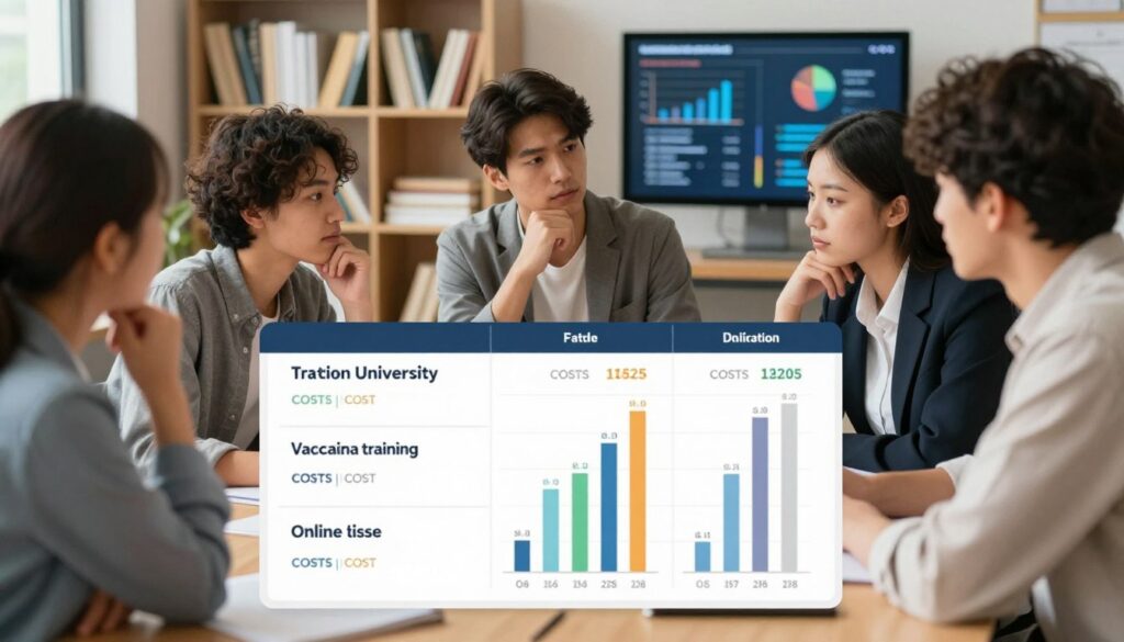 A visually striking infographic depicting the comparison of education costs and time dedication in a clear, engaging manner. In the foreground, a well-organized table displays various educational paths: traditional university, vocational training, and online courses, with corresponding costs and durations illustrated as bar graphs. In the middle, diverse students, professionally dressed in smart casual attire, discuss and analyze the data, showcasing different expressions of contemplation and interest. The background features an academic setting with shelves of books and a digital screen displaying relevant statistics. Soft, natural lighting enhances the inviting atmosphere, while a focused angle emphasizes the table and students. The overall mood is informative and reflective, encouraging viewers to consider their educational choices. A visually striking infographic depicting the comparison of education costs and time dedication in a clear, engaging manner. In the foreground, a well-organized table displays various educational paths: traditional university, vocational training, and online courses, with corresponding costs and durations illustrated as bar graphs. In the middle, diverse students, professionally dressed in smart casual attire, discuss and analyze the data, showcasing different expressions of contemplation and interest. The background features an academic setting with shelves of books and a digital screen displaying relevant statistics. Soft, natural lighting enhances the inviting atmosphere, while a focused angle emphasizes the table and students. The overall mood is informative and reflective, encouraging viewers to consider their educational choices.