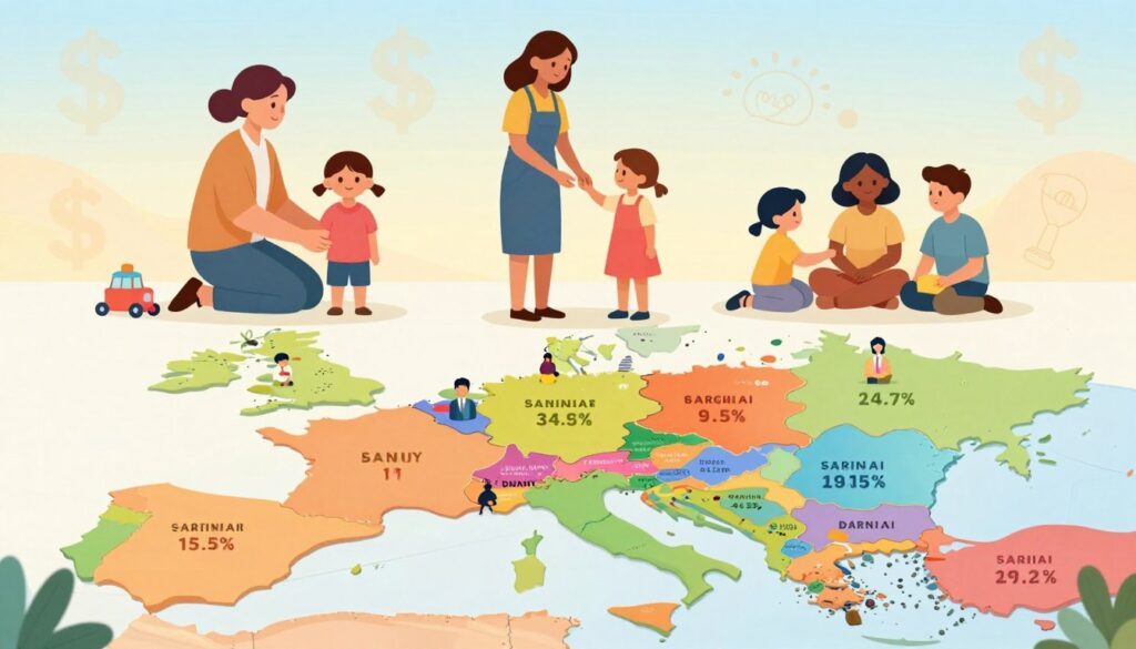 A visually striking infographic illustrating the differences in nanny salaries based on location. In the foreground, a map of a country, segmented into various regions, showing icons of nannies in different outfits representing professionalism—smart casual or business attire. Each region is overlaid with varying salary ranges displayed in vibrant colors. In the middle ground, illustrations of diverse families engaged with their nannies, emphasizing the cultural diversity across locations. The background features a soft gradient with subtle dollar signs and playful elements like toys and children’s drawings for a family-friendly atmosphere. The image should have bright, inviting lighting with a clear focus on the map, shot from a slight angle to give depth. The mood conveys warmth, structure, and clarity, perfect for an informative article.