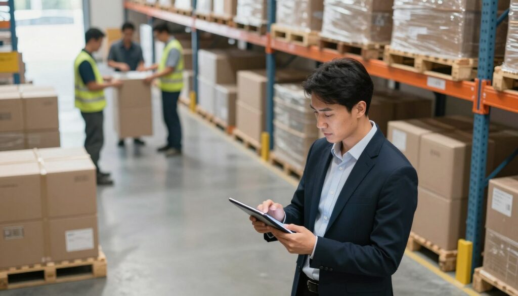 A warehouse manager in a bustling indoor setting, confidently overseeing inventory management. In the foreground, a professional-looking individual, dressed in smart business attire, checks a digital tablet filled with data. In the middle ground, shelves are stocked with boxes and pallets, while a team of workers in the background efficiently arrange goods. The lighting is bright and industrial, casting soft reflections on polished concrete floors, creating a sense of clarity and professionalism. The atmosphere conveys responsibility and diligence, highlighting the importance of material and legal accountability in warehouse operations. The perspective is slightly elevated, offering a comprehensive view of the organized yet dynamic environment. A warehouse manager in a bustling indoor setting, confidently overseeing inventory management. In the foreground, a professional-looking individual, dressed in smart business attire, checks a digital tablet filled with data. In the middle ground, shelves are stocked with boxes and pallets, while a team of workers in the background efficiently arrange goods. The lighting is bright and industrial, casting soft reflections on polished concrete floors, creating a sense of clarity and professionalism. The atmosphere conveys responsibility and diligence, highlighting the importance of material and legal accountability in warehouse operations. The perspective is slightly elevated, offering a comprehensive view of the organized yet dynamic environment.