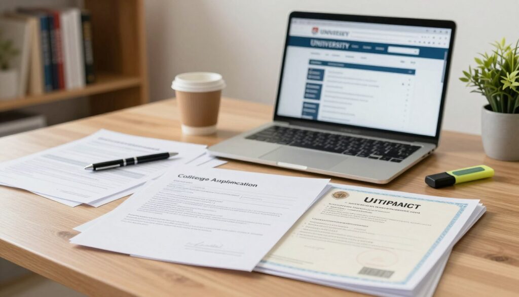 A well-organized desk scene representing application documents for university admission. In the foreground, a neatly stacked pile of official documents, including a college application form, proof of identity, and academic certificates. A pen and a highlighter rest beside the documents. In the middle ground, a laptop is open to a university website, showcasing enrollment details. A coffee cup sits nearby, adding a casual touch. The background features a soft-focus bookshelf filled with academic texts and a potted plant for a refreshing touch. Warm, natural lighting streams through a window, creating an inviting and studious atmosphere. The angle captures the essence of preparation for university admission, underscoring a sense of urgency and professionalism.