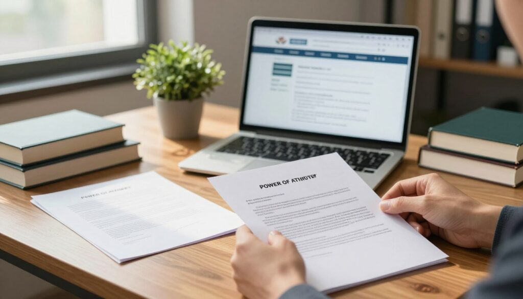 A well-organized office environment featuring a polished wooden desk laden with official documents related to power of attorney (pełnomocnictwo). In the foreground, a hand is shown holding a neatly signed document, emphasizing the act of authorization. The middle layer contains a laptop displaying an online application portal, its screen glowing softly. A potted plant adds a touch of greenery to the setting, while a stack of books on law and higher education sits nearby. In the background, a modern window lets in warm natural light, casting gentle shadows. The atmosphere feels professional yet inviting, evoking a sense of diligence and responsibility.