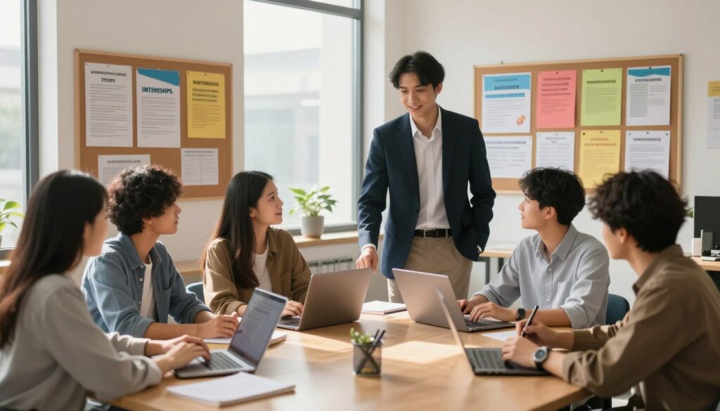 A young professional, dressed in business attire, confidently navigates a modern office space. In the foreground, a diverse group of students gathers around a large table, engaged in a lively discussion while reviewing internship opportunities on laptops and notebooks. In the middle, a bulletin board filled with colorful flyers and information about various internships captures the eye, symbolizing the wealth of options available. The background features a large window with natural light streaming in, creating a warm and inviting atmosphere. Soft shadows play across the room, hinting at a productive focus. The overall mood is optimistic and inspiring, emphasizing the importance of finding valuable internships that enhance career prospects.