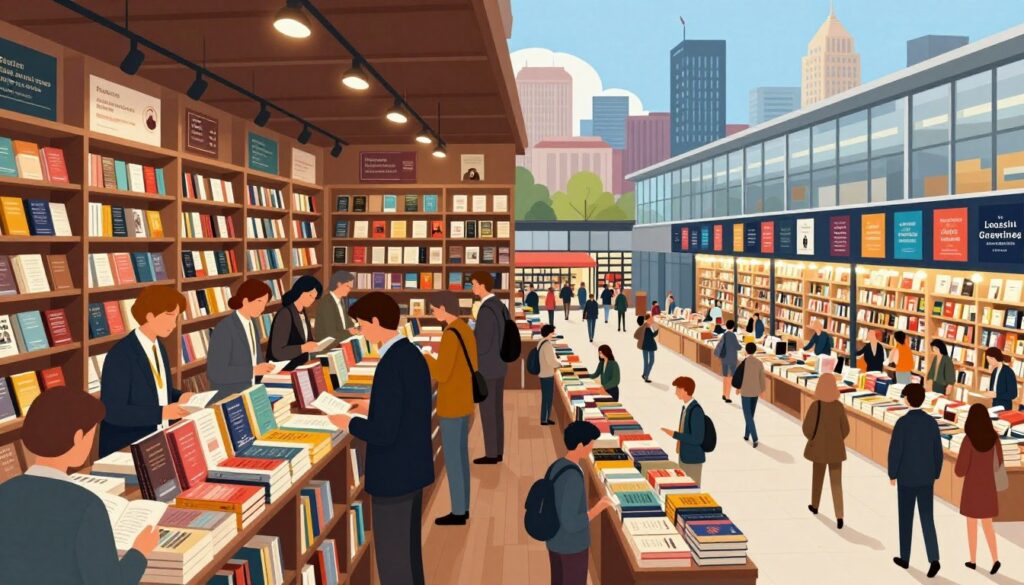 An artistic illustration comparing book markets, featuring a split scene. On the left, focus on the Polish book market: a bustling urban bookstore filled with various genre displays, with a diverse group of readers in professional attire, engaged and discussing books. The setting emphasizes cozy lighting, rich wooden shelves, and promotional posters for local authors. On the right, depict an international book market scene, showcasing a large, modern bookstore with digital displays highlighting foreign bestsellers, brightly lit with a glass façade, attracting multicultural readers. The background features a city skyline blending elements from multiple countries. Capture the mood of diversity, curiosity, and commerce, using a wide-angle lens for a vibrant and inviting atmosphere. An artistic illustration comparing book markets, featuring a split scene. On the left, focus on the Polish book market: a bustling urban bookstore filled with various genre displays, with a diverse group of readers in professional attire, engaged and discussing books. The setting emphasizes cozy lighting, rich wooden shelves, and promotional posters for local authors. On the right, depict an international book market scene, showcasing a large, modern bookstore with digital displays highlighting foreign bestsellers, brightly lit with a glass façade, attracting multicultural readers. The background features a city skyline blending elements from multiple countries. Capture the mood of diversity, curiosity, and commerce, using a wide-angle lens for a vibrant and inviting atmosphere.