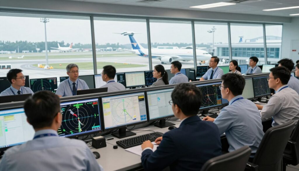 An aviation control room filled with focused air traffic controllers in professional business attire. The foreground showcases a diverse group of controllers, intently monitoring multiple screens with flight paths and radar data, displaying expressions of concentration and responsibility. In the middle ground, advanced technology like radar displays and communication devices enhances the atmosphere of high-stakes decision-making. The background reveals a panoramic view of an airport with aircraft taking off and landing, bathed in soft natural light that emphasizes the urgency of their duties. The mood conveys both the intensity and the psychological challenges inherent in air traffic control, reflecting a sense of professionalism and responsibility. The scene is captured from a slightly elevated angle, offering a comprehensive view of the working environment. An aviation control room filled with focused air traffic controllers in professional business attire. The foreground showcases a diverse group of controllers, intently monitoring multiple screens with flight paths and radar data, displaying expressions of concentration and responsibility. In the middle ground, advanced technology like radar displays and communication devices enhances the atmosphere of high-stakes decision-making. The background reveals a panoramic view of an airport with aircraft taking off and landing, bathed in soft natural light that emphasizes the urgency of their duties. The mood conveys both the intensity and the psychological challenges inherent in air traffic control, reflecting a sense of professionalism and responsibility. The scene is captured from a slightly elevated angle, offering a comprehensive view of the working environment.