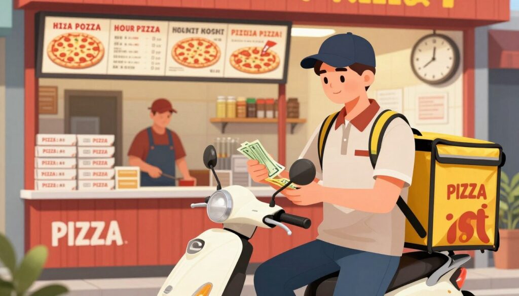 An illustration of a busy pizza delivery workplace focused on hourly wage earnings. In the foreground, a professional-looking pizza delivery person in modest casual clothing is standing beside their scooter, counting cash and a small tip. The middle ground features a vibrant pizza shop with colorful menus and delivery boxes stacked neatly. In the background, a clock is visible, emphasizing the hourly wage concept, while soft lighting casts a warm, inviting glow throughout the scene. The setting creates a bustling yet organized atmosphere, suggesting the dynamic nature of delivery work. The overall mood is professional and optimistic, illustrating the importance of hourly wages in the delivery industry.