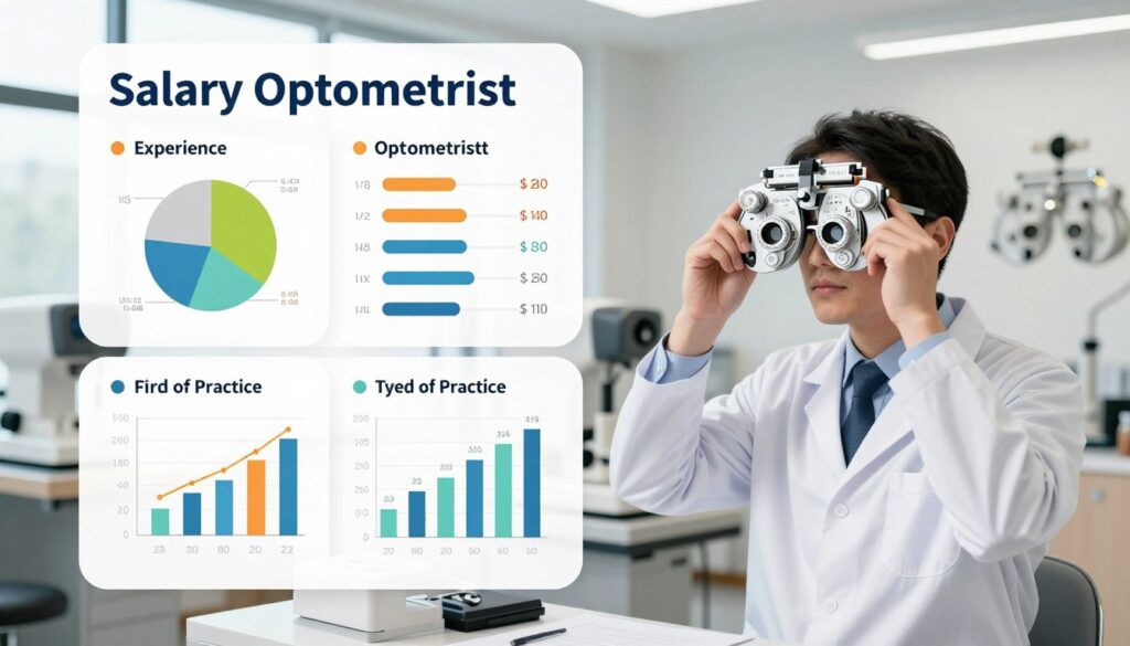 An informative and visually engaging scene illustrating the key factors influencing the salary of optometrists. In the foreground, a professional optometrist in business attire examines an eye chart, showcasing diligence and expertise. The middle layer features charts and graphs depicting salary statistics and influencing factors, such as experience, location, and type of practice, all color-coded and clearly presented. The background shows a modern optical clinic setup with equipment like eye-testing machines and a contemporary, welcoming design. Soft, natural lighting spills in from large windows, creating an inviting atmosphere. The overall mood is professional and educational, perfect for conveying the importance of these salary determinants in the field of optometry.
